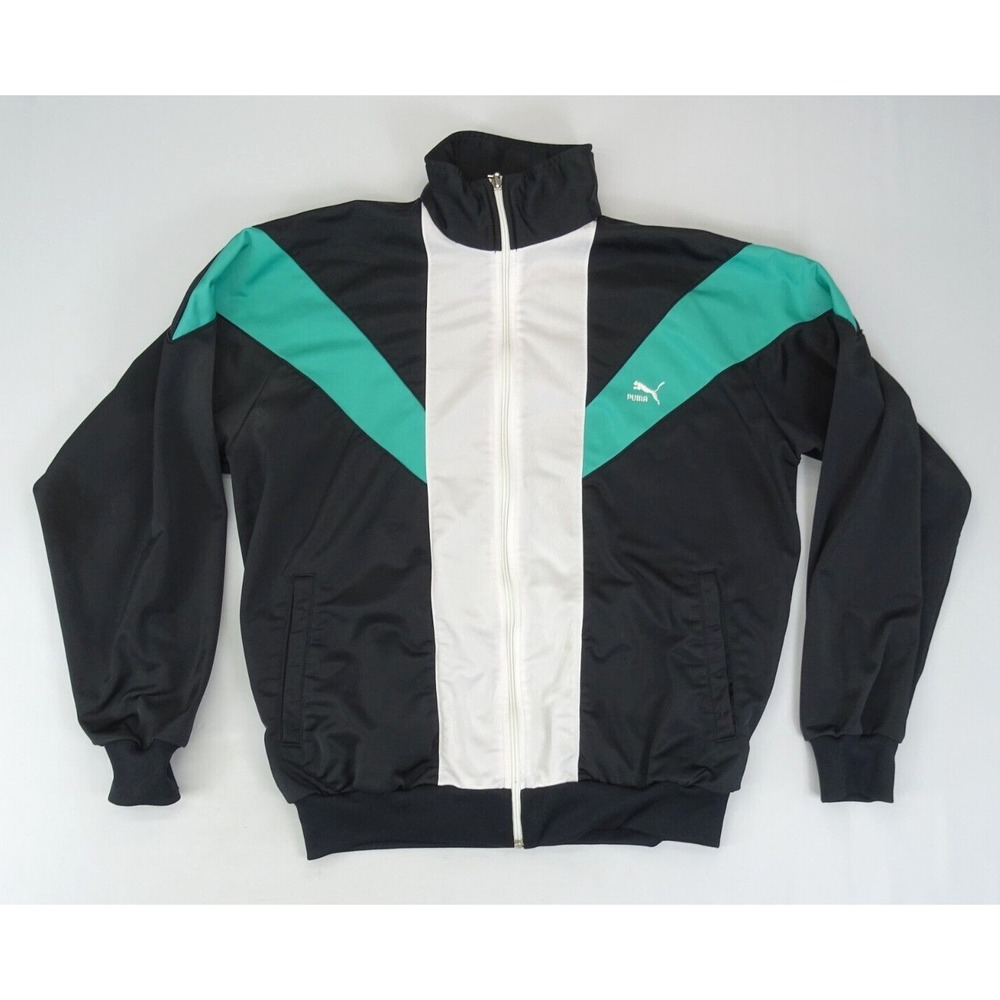 Vintage Puma Mens Sz Large Colorblock Black Zip Up Track Jacket Sport Logo 90s